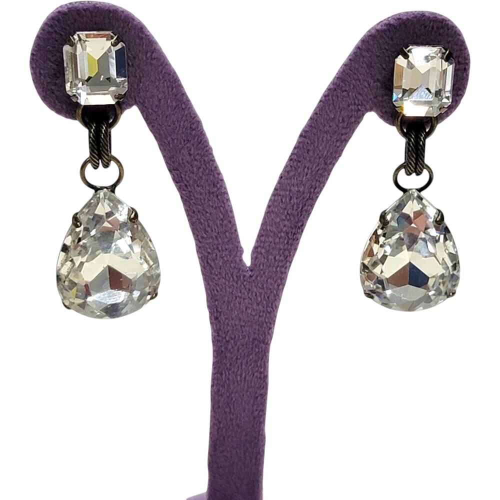 Graziano Clear Crystal Teardrop Dangle Earrings Antique Brass Drop Statement